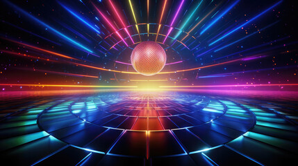 glowing mirror disco ball, multi-colored neon and laser beams, large stage and dance floor. Generative AI