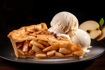 Apple Pie with a Scoop of Vanilla Ice Cream, Homemade Organic Apple Pie Dessert. Generative AI