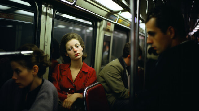 New York life in the 1960s. Digital photorealistic illustration. Streets of New York. Young girl in subway.