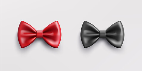 Realistic black and red bow tie. Vector classic silk or satin, glossy necktie isolated on white background.