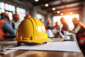 Close up of safety helmet on table with group of construction workers meeting in background