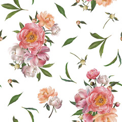Watercolor floral seamless pattern with peach pink coral white peony flowers, green leaves isolated. Hand-drawn spring summer flowers backdrop for fabric, packaging, wrapping paper, botanical design