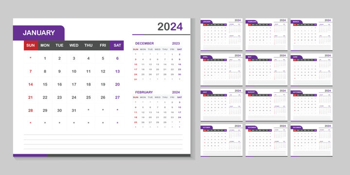 Minimalist and elegant Calendar template for 2024 year. Wall calendar in a minimalist style.  Gray, Purple and red colors. New year design concept.