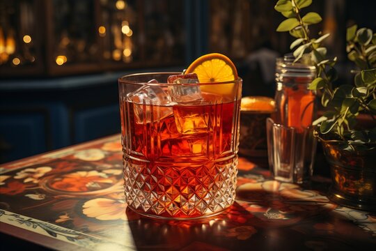 A stunning high-resolution image capturing the vibrant color and classic appeal of the Negroni, ideal for culinary publications and upscale bar promotions.