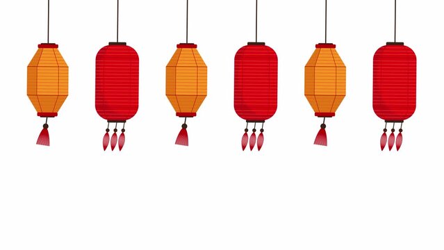 Swinging Chinese lanterns. Loopable 2d animation video. Motion graphics with alpha channel.
