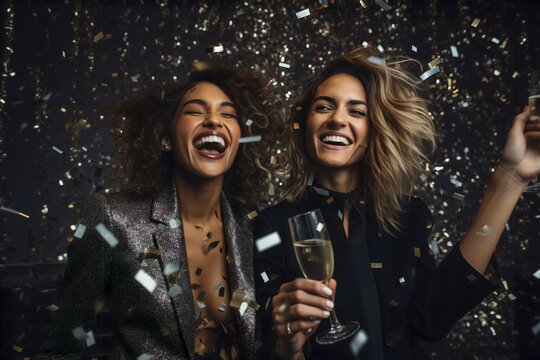 two beautiful friends with champagne celebrating a new year party, two women celebrating a new year party, couple celebrating with champagne, couple, champagne glass, new year, night, party, confetti