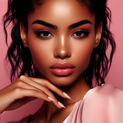 Closeup Portrait of a Stunning Woman with Sharp Features and Pink Makeup