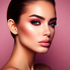 Fototapeta premium Closeup Portrait of a Woman with Sharp Features on Pink Backgorund