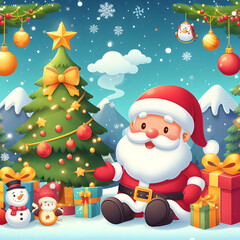 Santa and Christmas Decoration, Cartoon Style