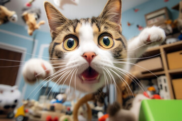Close up of cute cat bold jump shot unfolds with toys or ball. The animal concept of funny and playing. - obrazy, fototapety, plakaty