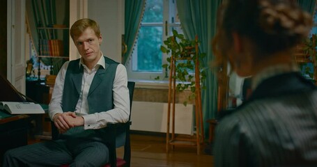 family in 19th century, angry man looking at sad woman in vintage room interior, 4K, Prores