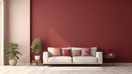Maroon and beige color living room interior and walls design