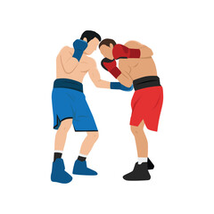 Two boxers fighting. Battle spectacle event with knockdown between professional sportsmen in sportswear. Flat vector illustration isolated on white background - obrazy, fototapety, plakaty