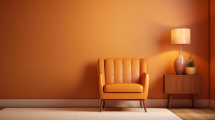 Minimal living room with bright orange warm color tone interior and wall