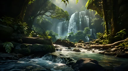Foto op Canvas waterfall in the mountains, Abstract background with jungle and waterfall lake or river palms and high trees lush greenery bushes tropical plants Summer wallpaper Horizontal illustration for banner de © microtech