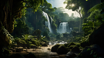 waterfall in the forest, nature amazon rainforest worlds, ravines images - obrazy, fototapety, plakaty