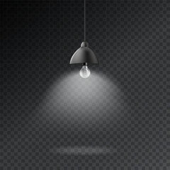 Black hanging lamp with light. Realistic black ceiling lamp isolated on transparent background. Eps10 vector illustration.