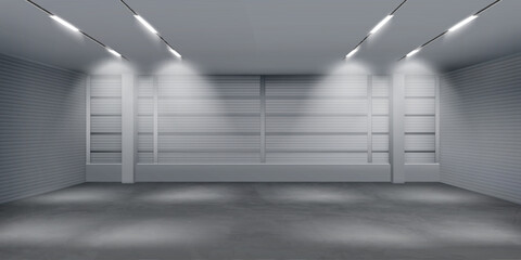 Realistic 3d empty warehouse, storehouse interior with shutter gates, illuminating lamps on ceiling. Delivery service, industrial room rental storage facility. Eps10 vector illustration. - obrazy, fototapety, plakaty