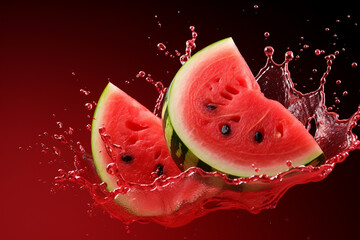 Vivid illustration featuring fresh ripe watermelon slices in a refreshing splash against a dark backdrop. Ai generated