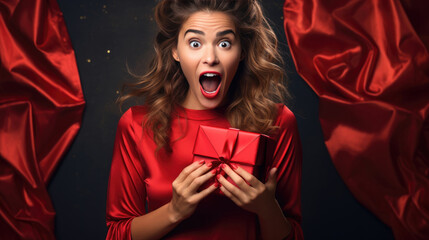 surprise and excited beauty woman holding gift box