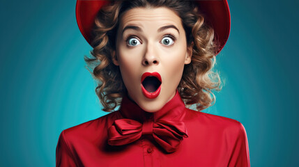 surprise and excited beauty woman with red clothing - obrazy, fototapety, plakaty