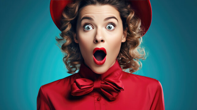 surprise and excited beauty woman with red clothing