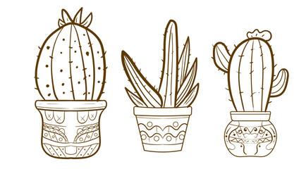 Hand drawn outline cactus set. Cactus plants nature elements cactus outline sketch. cactus drawing. cactus plants line art background.