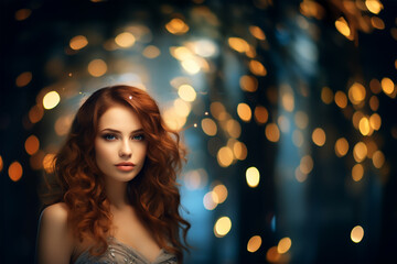 Fototapeta premium Elegante Bokeh-Schönheit - Ein bezauberndes Porträt einer schönen Frau mit künstlerischem Bokeh-Hintergrund und viel Raum für weitere Gestaltungsmöglichkeiten