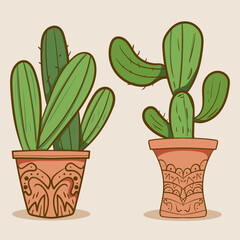 Plant room green cactus. Cute green cactus in flower pots Flat, cartoon style. Vector illustration white background. Element design.