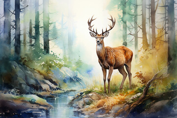 Watercolor deer background picture, picture used for decoration.