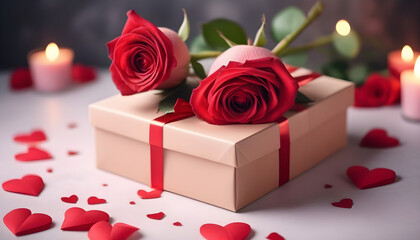 Valentines day card with wrapped gift box and red rose flowers background , for anniversary , date day created with generative ai 