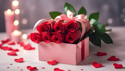 Fototapeta na wymiar red roses and gift box wrapped background for Valentines day, anniversary, date day created with generative ai 