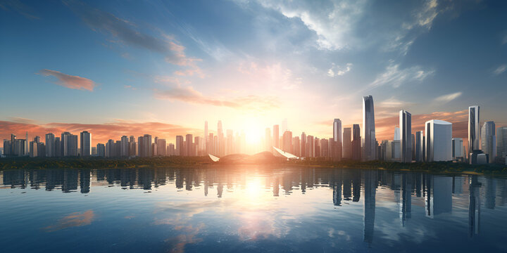 City at sunset HD wallpaper Stock Photographic Image A city in the morning sun light view Futuristic skyscraper facade reflects blue sky in modern cityscape Ai Generative
 