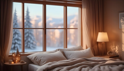 Warm bedroom with big window with midwinter view created with generative ai