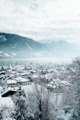 Alpine resort town of Zell am See with lake on a beautiful cold winter day, Salzburg Land region, Austria