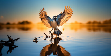 Obraz premium birds in the sky, birds in the sunset, photograph of a jay with its wings spread, 