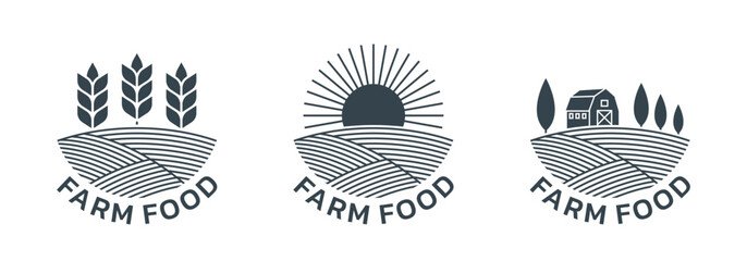Farm food logo or icon set with agriculture field, wheat, sun and barn house. Fresh, natural, organic, healthy product emblem design. Vector illustration. © metelsky25