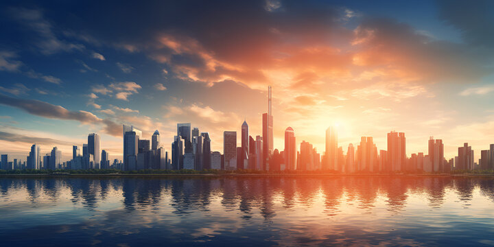 City at sunset HD wallpaper Stock Photographic Image A colorful sunset over the city with clouds and sky blue background Ai Generative
