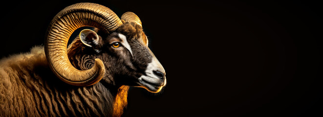 Portrait of a beautiful ram with large helix shaped horns, side view (profile), on a black background with copy space. - obrazy, fototapety, plakaty