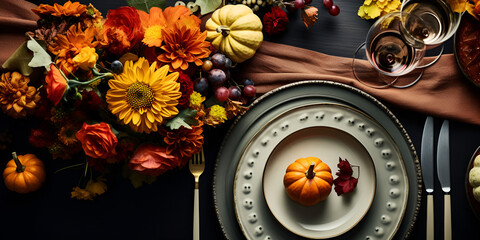 Autumn table setting with beautiful Thanks giving day centerpieces with pumpkins,spoon and glass on the black surface table Ai Generative