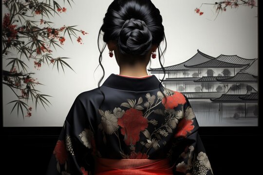 postcard or banner of a Japanese woman from behind in traditional dress