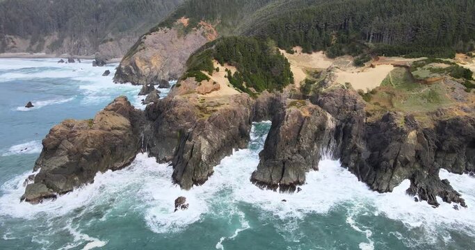 4k drone cliffs and waves oregon coastline at samuel boardman in brookings