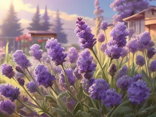beautiful lavender flowers in the garden, sunlight, detailed illustration, realistic lavender, detailed lavender, good quality