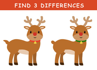 Find 3 differences in illustration. Educational activity with cute animal illustration. Spot difference. Educational fun game for children.	