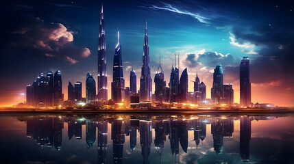 Fototapeta premium A dramatic futuristic city skyline with illuminated skyscrapers in a metropolitan setting