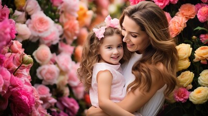 Fototapeta premium Mother and child hugging portrait background. Mother's Hug Day love family parenthood childhood togetherness father’s day concept.