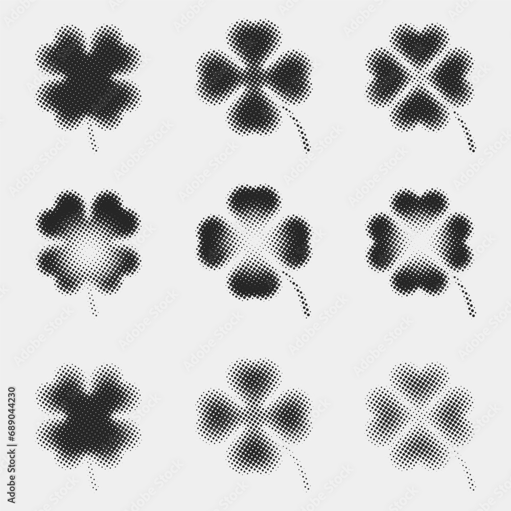 Poster abstract random black gradient halftone four leaf, shamrock textures isolated on a white background.