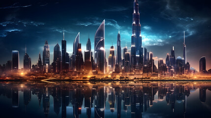 Fototapeta na wymiar A dramatic futuristic city skyline with illuminated skyscrapers in a metropolitan setting