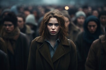 young woman walking in a bad mood through the crowd - obrazy, fototapety, plakaty