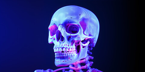 Human skeleton on dark background in glowing neon light, UV blacklight, Horror science scene - obrazy, fototapety, plakaty